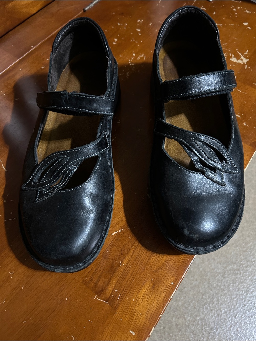 Naot Black Leather Mary Jane Shoes with Leaf Cutout